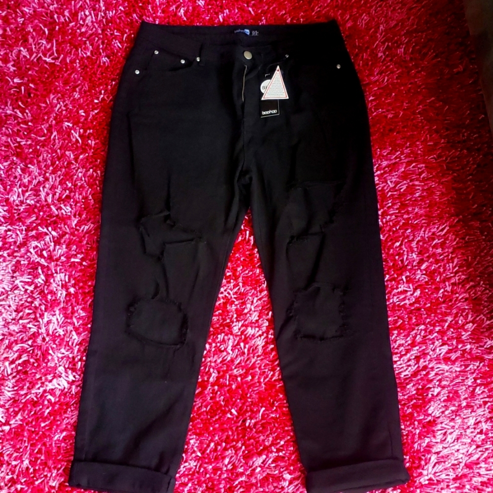Boohoo Blue Ripped Mom Black Jeans 16 NWT